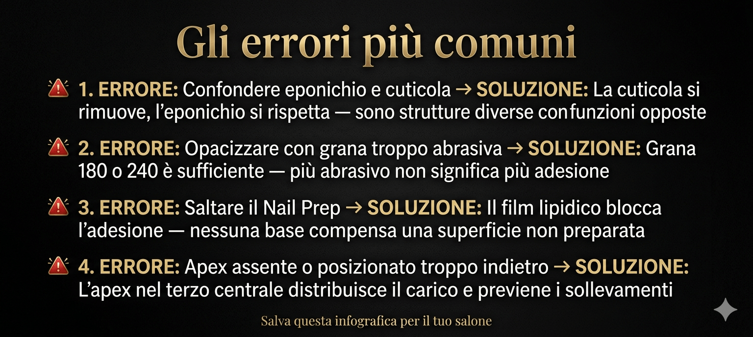 infografica con gli errori più comuni nella preparazione e architettura dell'unghia naturale con le soluzioni professionali